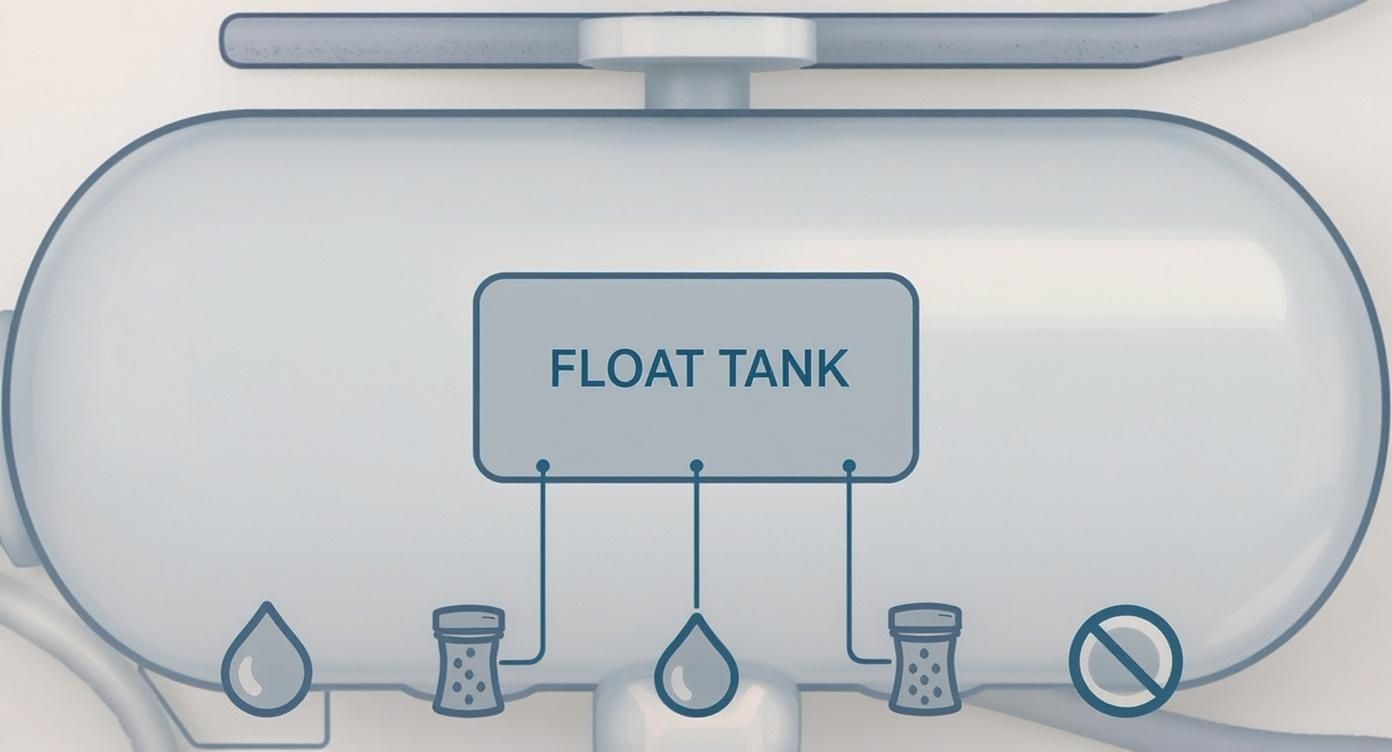 A detailed diagram illustrating a float tank system with connections to various fluid and solid inputs, and a prohibition symbol.