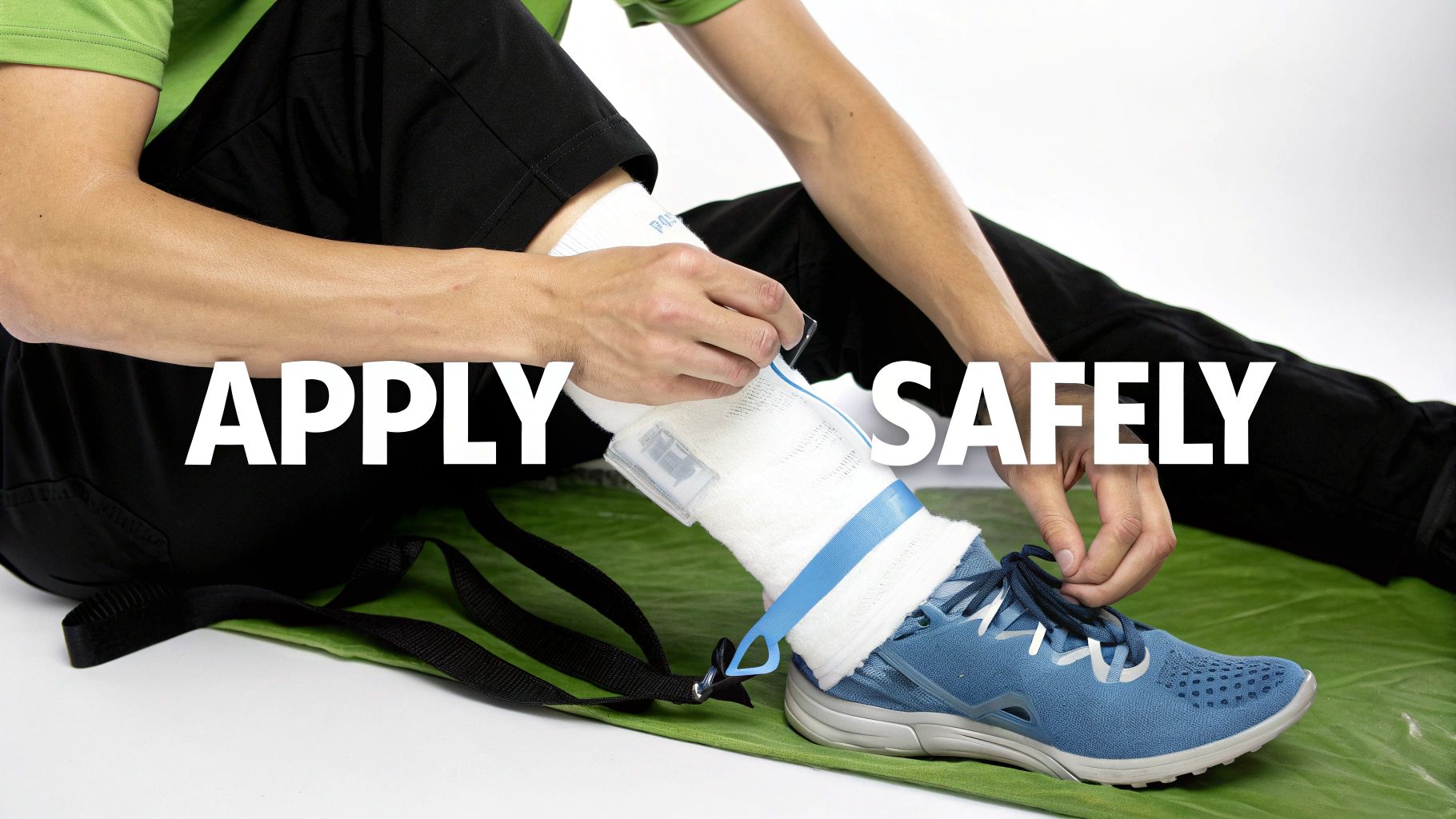 A person applies a medical brace or ice pack to their ankle, wearing a blue sneaker.
