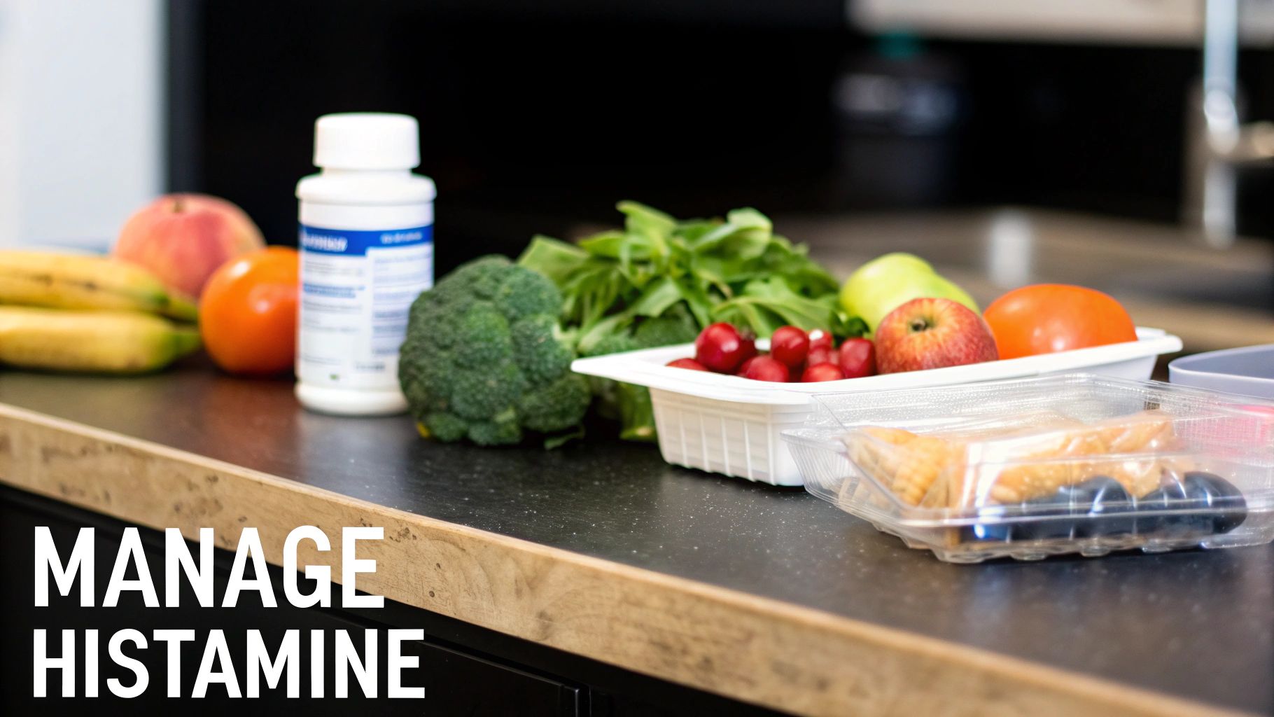 A diverse selection of fresh fruits, vegetables, supplements, and snacks on a kitchen counter.