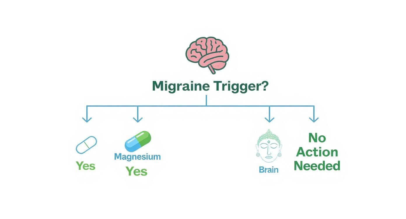 A flowchart titled 'Migraine Trigger?' showing options for pills, magnesium, brain health, and no action.