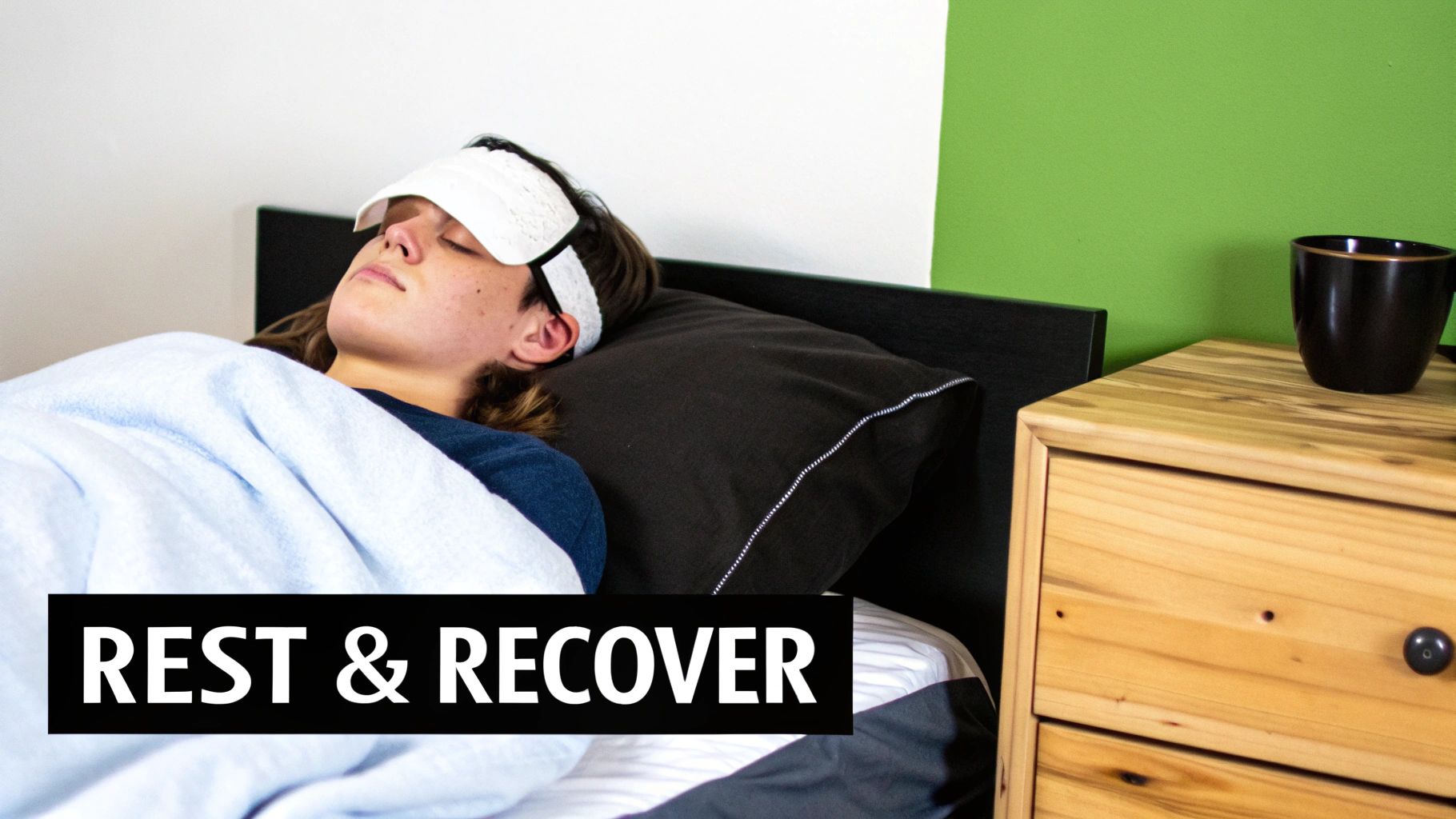 A person sleeping soundly in bed with a white eye mask and a light blue blanket.