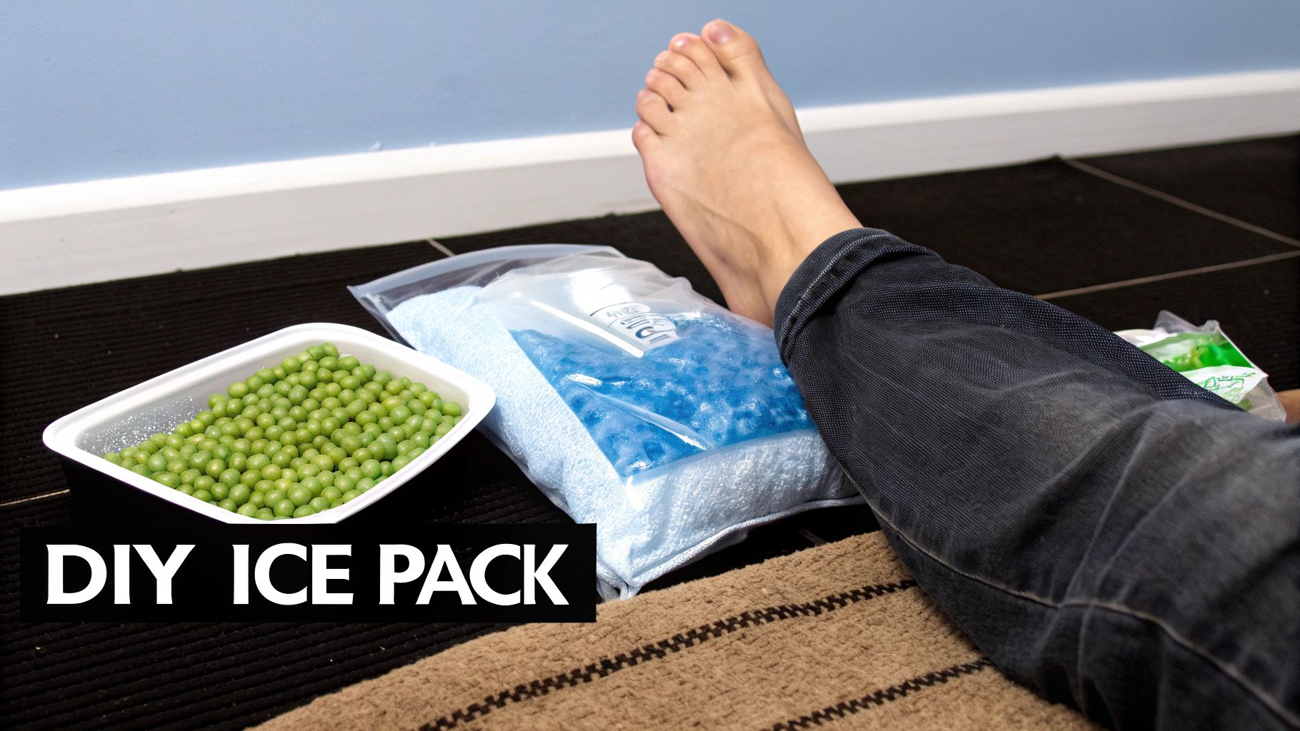 A person's foot rests on a DIY blue gel ice pack, with a tray of green peas nearby.