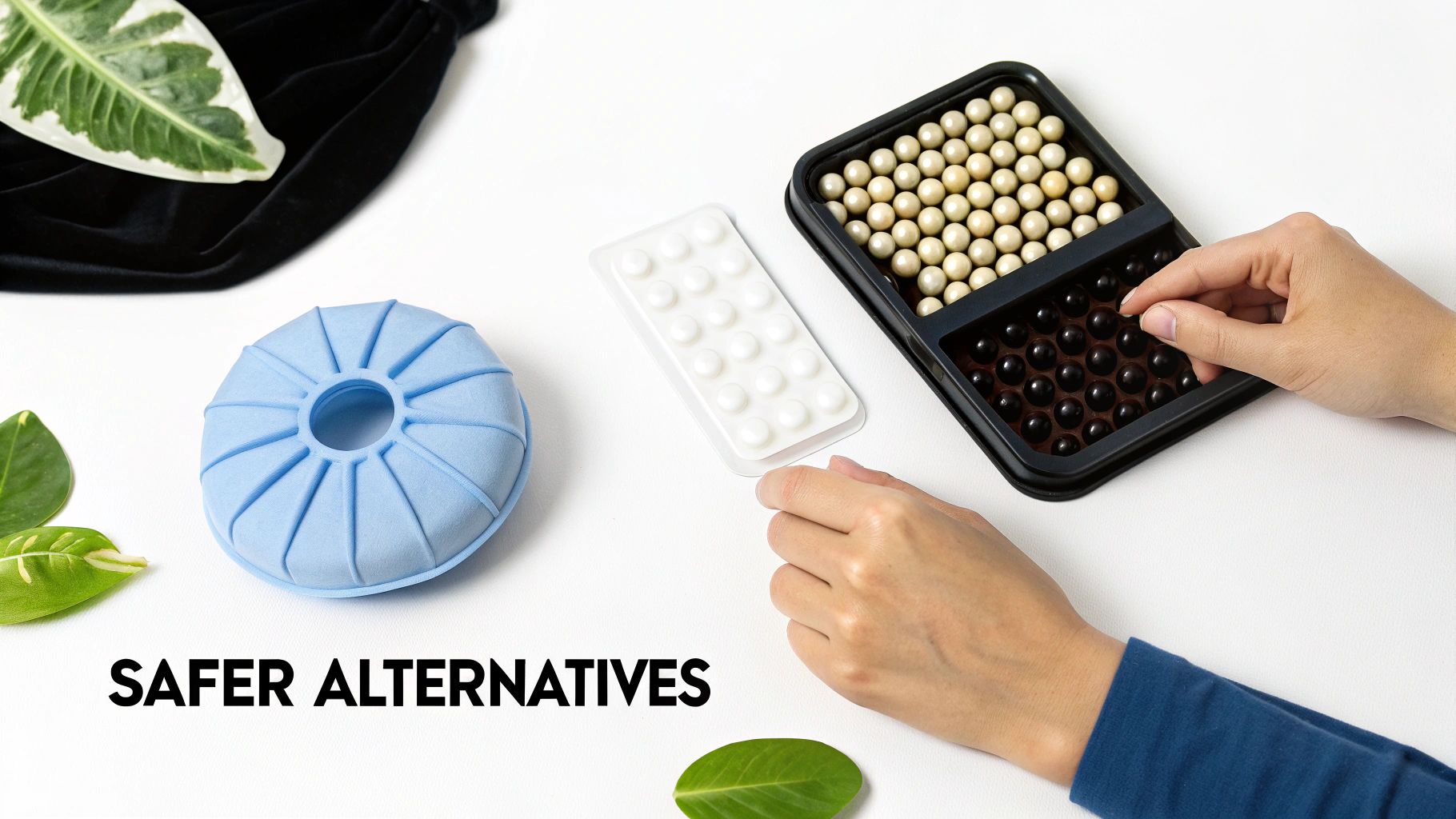 A person applying a cold therapy headache cap for migraine relief.