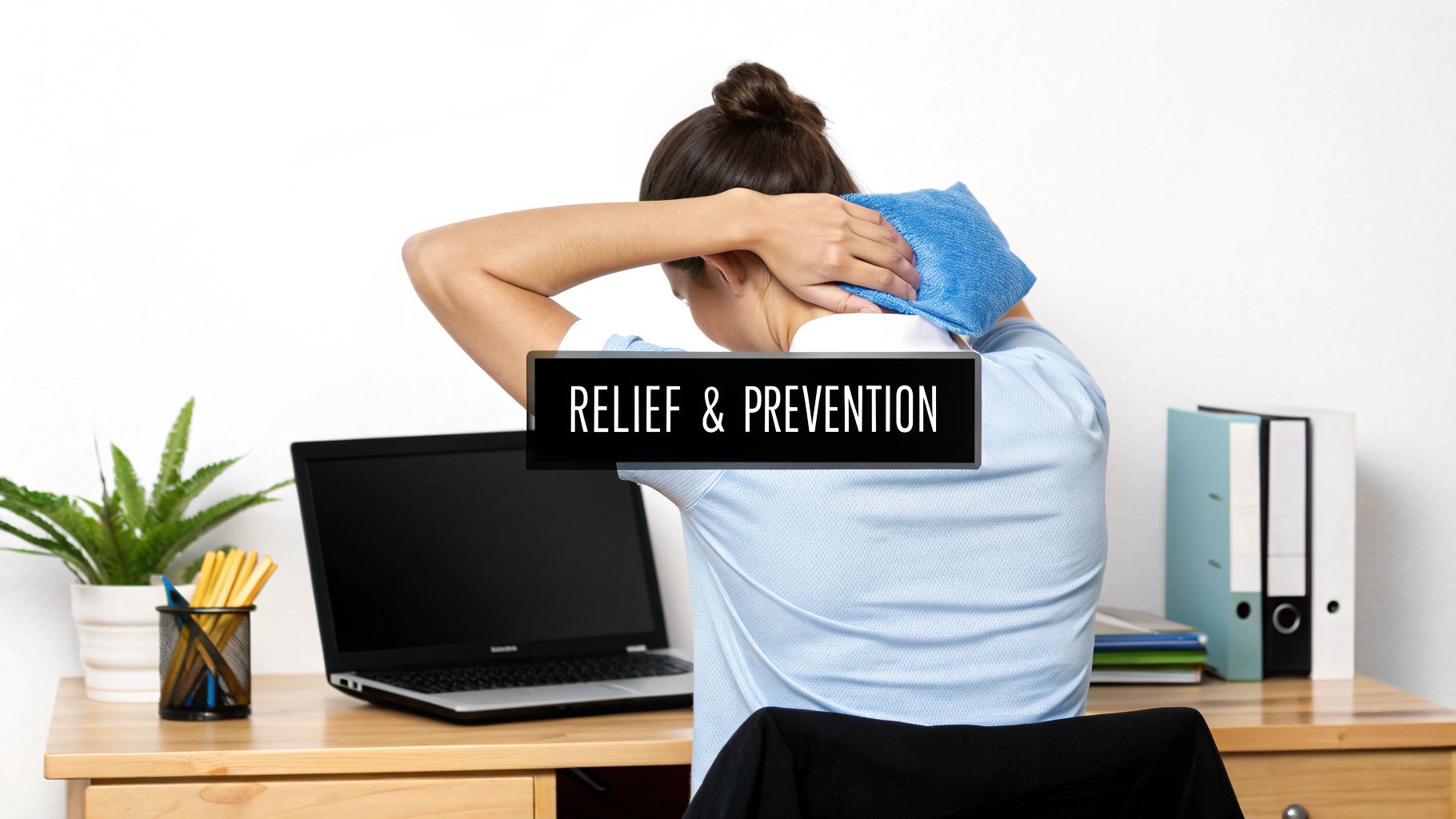 A person using a cold compress on their neck for headache relief