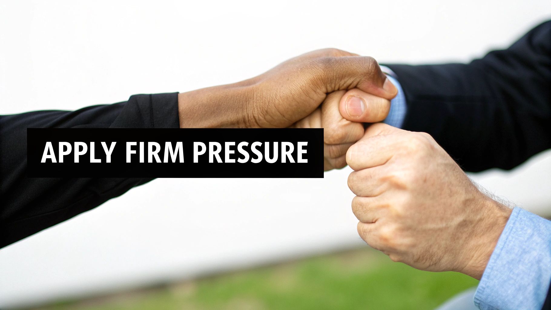 Two fists, one dark-skinned and one light-skinned, pressing firmly together with text 'APPLY FIRM PRESSURE'.