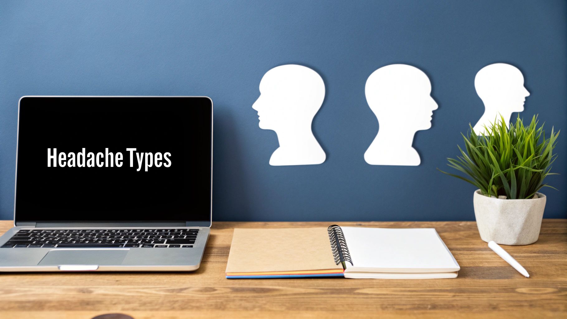 Laptop displaying headache types text with three white head silhouettes on blue wall background