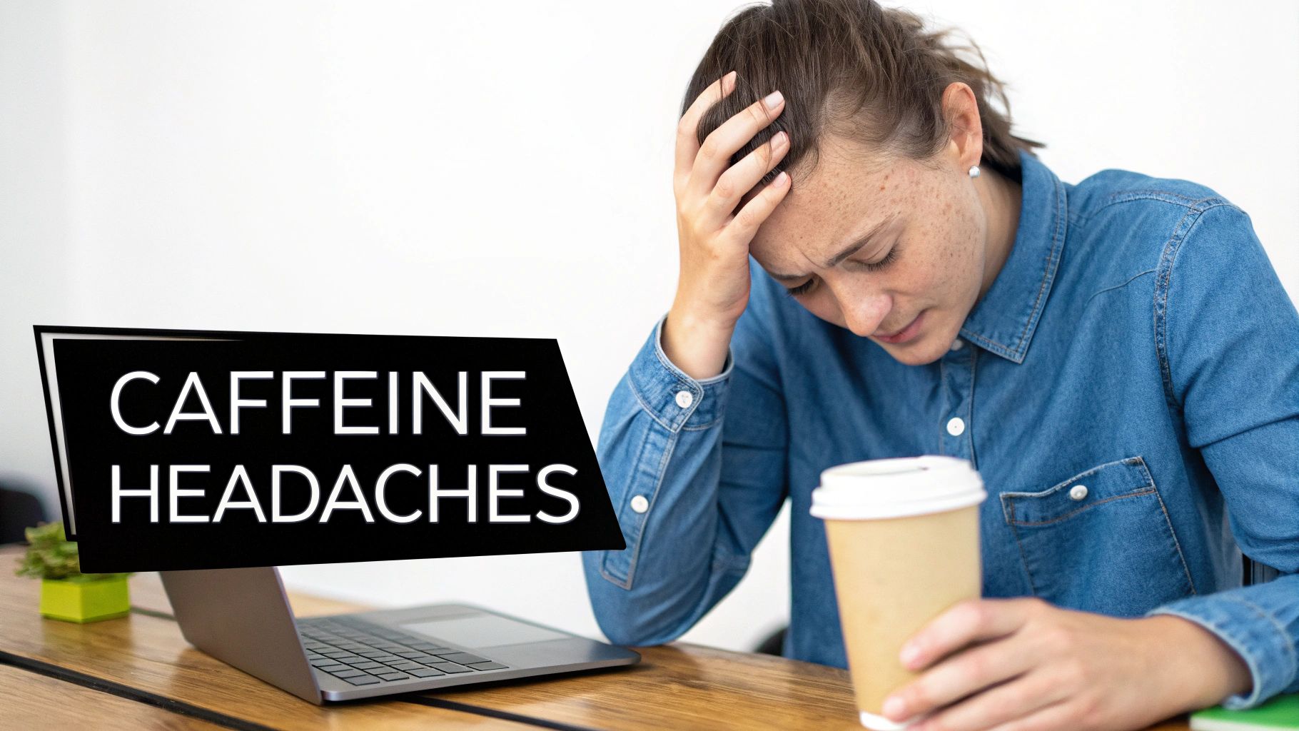 Woman with a headache holding her head, with a coffee cup and laptop, text reads "CAFFEINE HEADACHES".