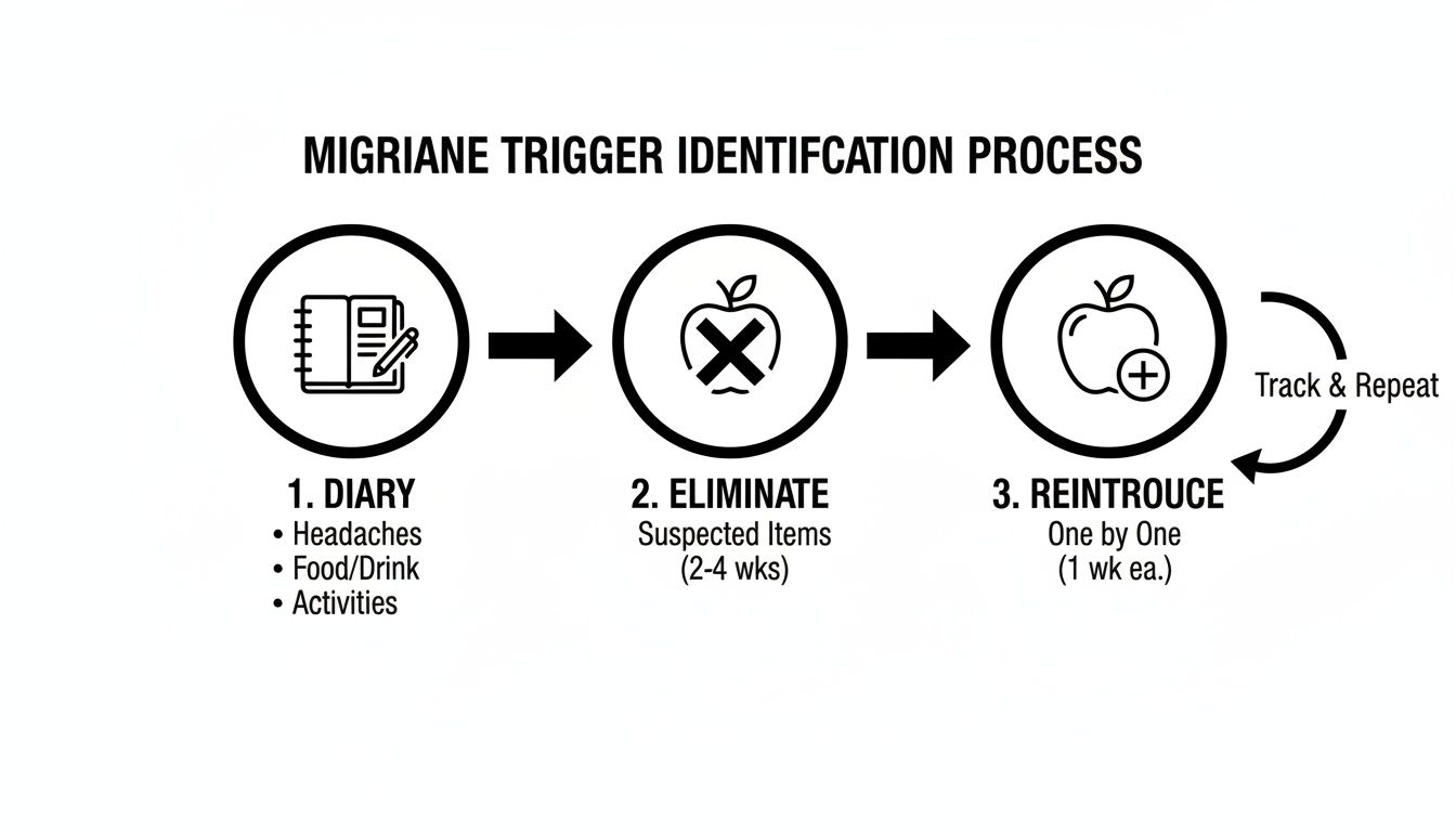 Flowchart illustrating a three-step migraine trigger identification process: diary, eliminate, and reintroduce suspected items.