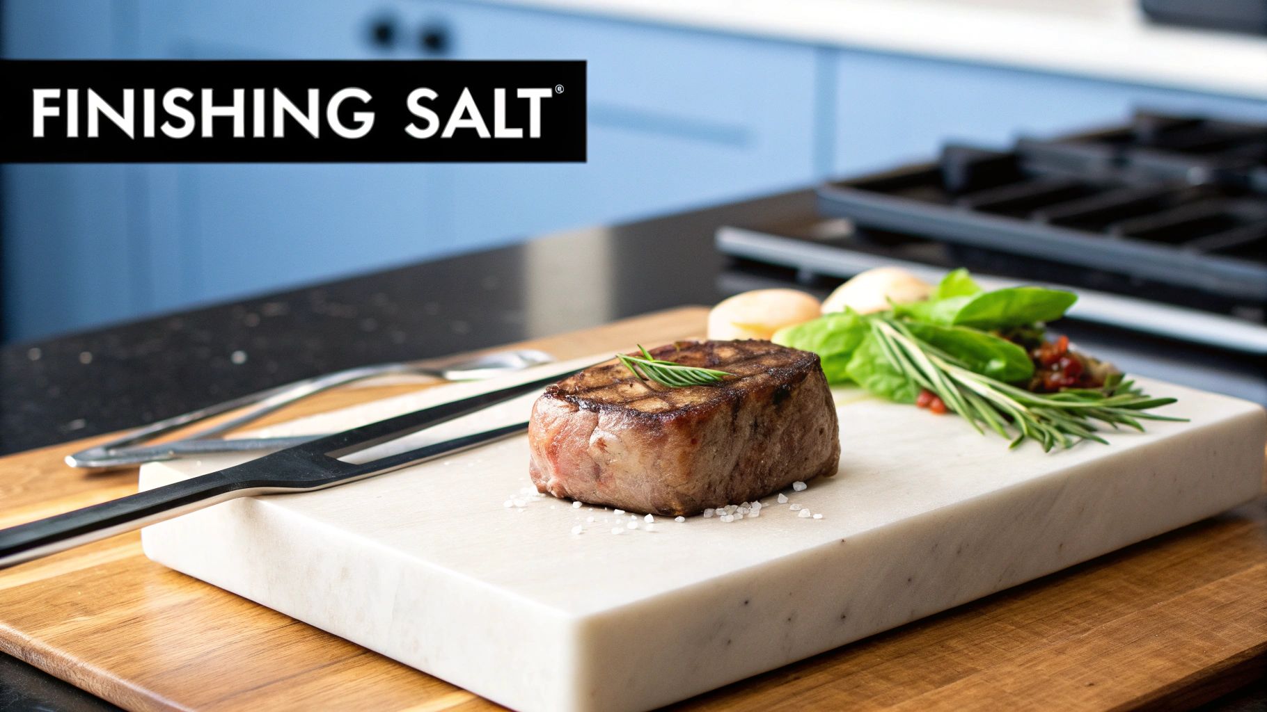 A perfectly cooked steak on a marble board with finishing salt, rosemary, and basil in a kitchen.