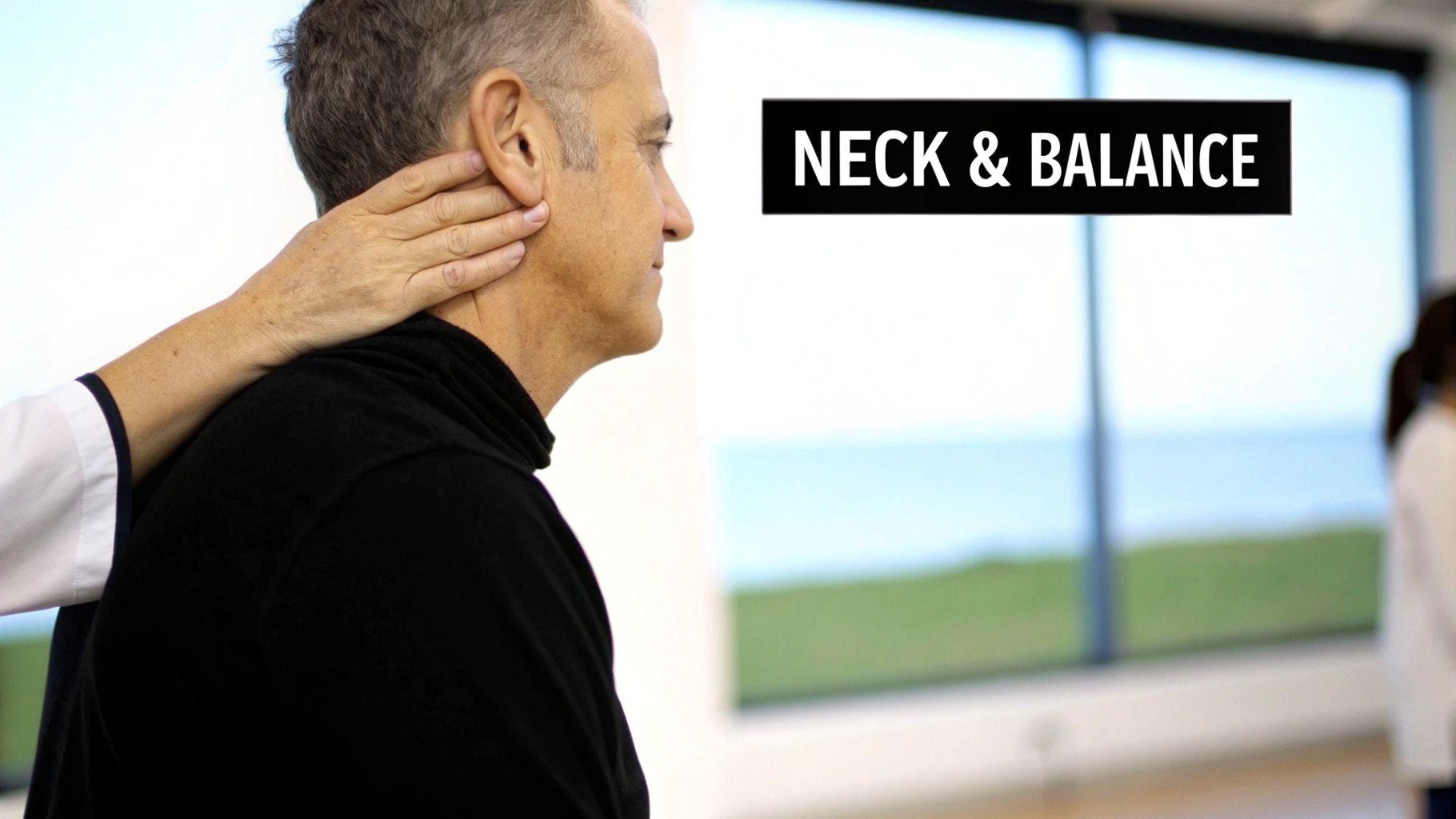 Middle-aged man holding neck experiencing pain and balance issues during medical examination