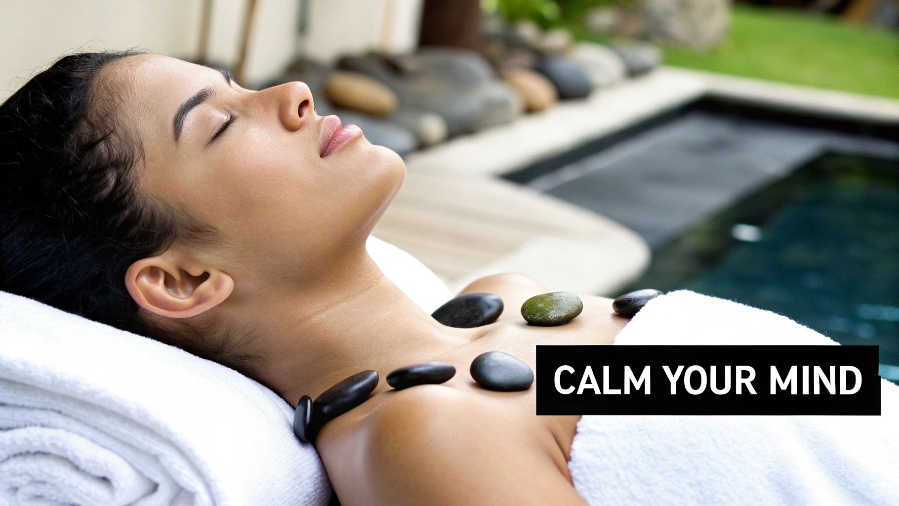 A woman relaxing during an outdoor hot stone massage, with smooth stones on her chest and neck.