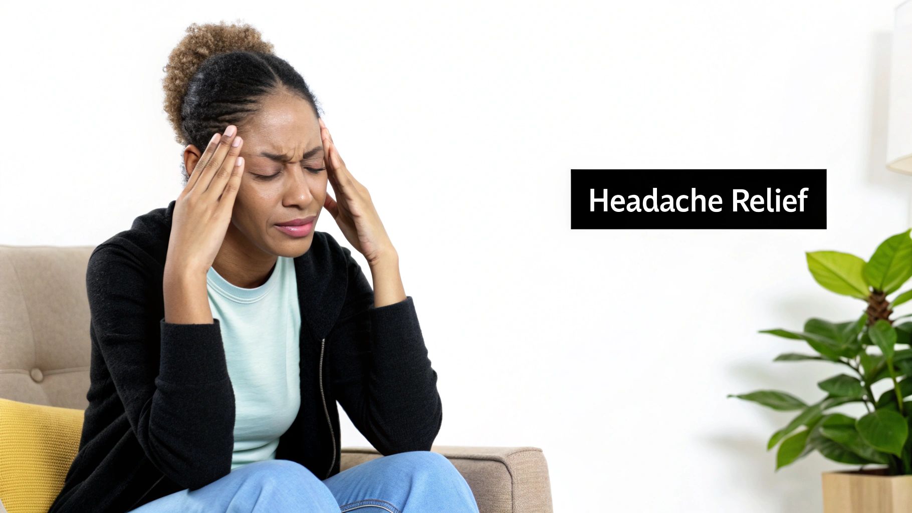 A person gently massaging their temples to relieve headache pain, with a calm and relaxed expression.