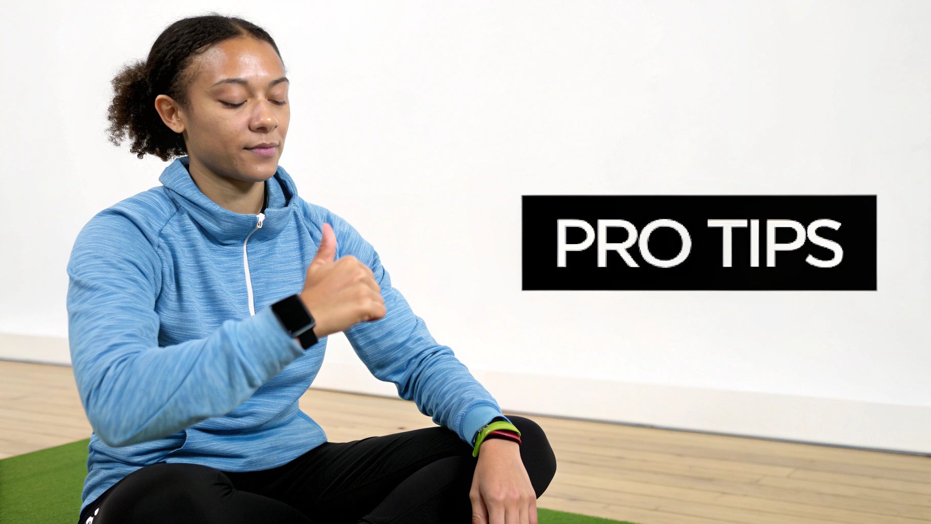 A person sitting calmly with their hands on their stomach.