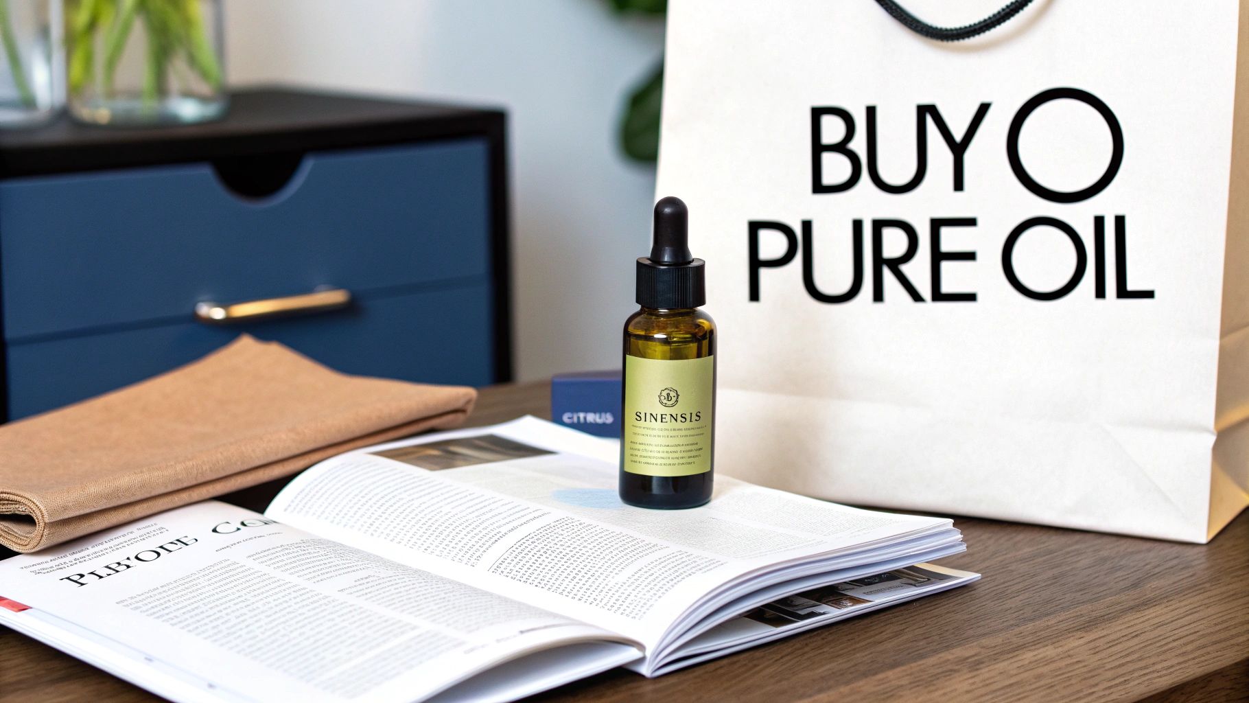 Amber dropper bottle of Sinensis oil on an open magazine, next to a brown cloth and a 'Buy Pure Oil' bag.