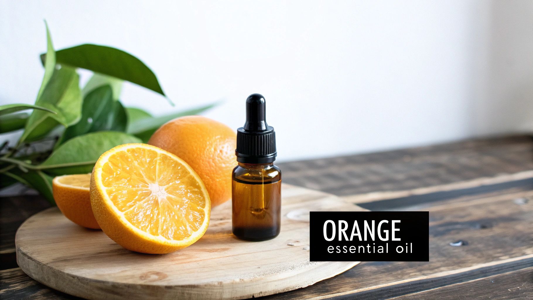 Amber dropper bottle and fresh oranges, including a halved one, on a wooden board, with 'ORANGE essential oil' text.