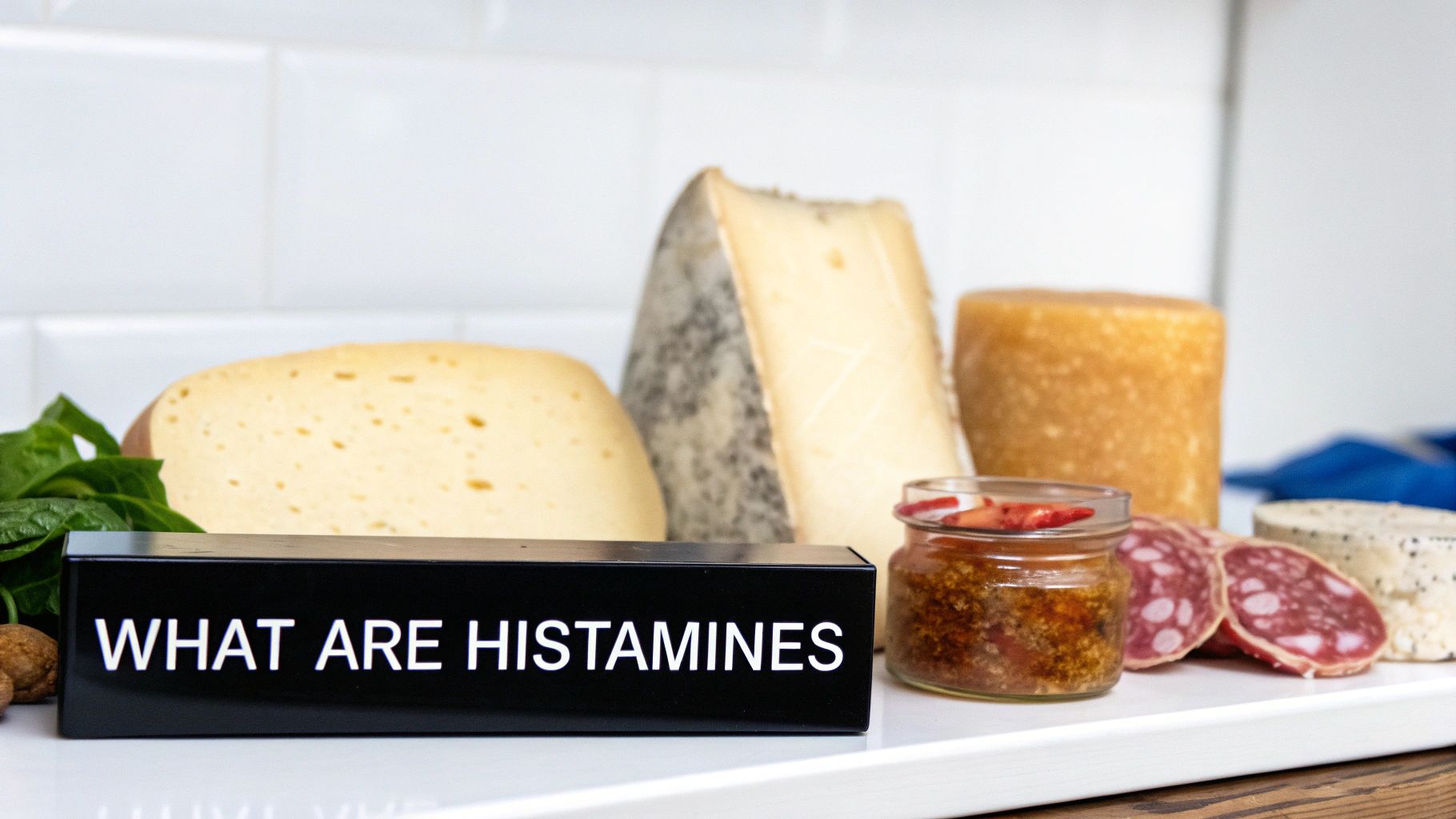 Assortment of aged cheeses, sliced salami, and other foods, with a sign reading 'What are Histamines'.