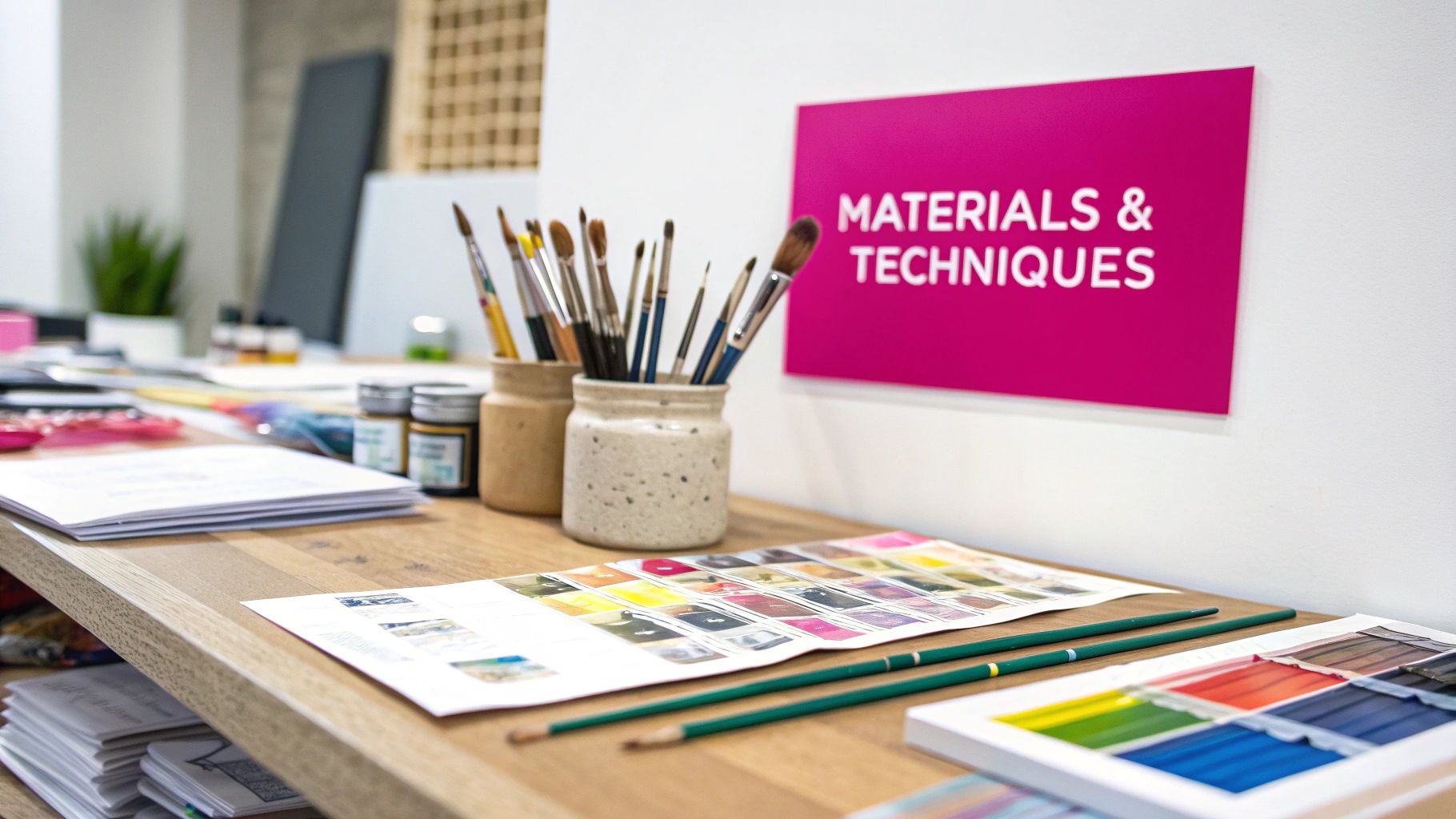 A close-up of a textured mixed media painting, showing layers of paint, paper, and other materials