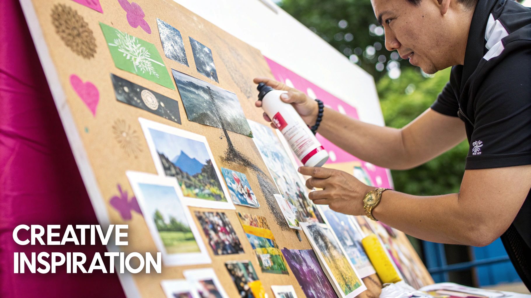 A close-up of an abstract mixed media artwork, showing layers of paint and paper collage, reflecting its historical roots.