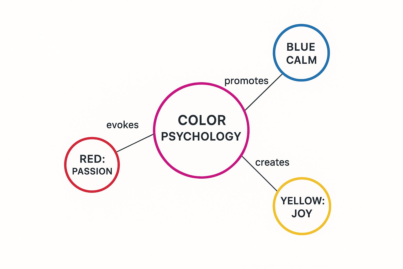 Infographic showing a central node for 'Color Psychology' connected to 'Red: Passion', 'Blue: Calm', and 'Yellow: Joy'.