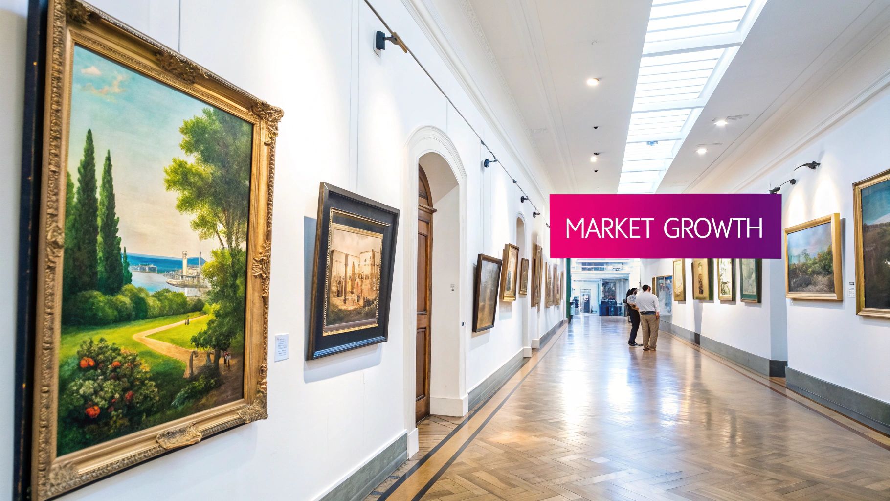 An artist standing in front of a large, dynamic abstract painting