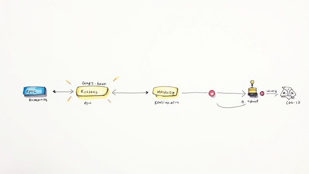 A hand-drawn process flow diagram illustrating different stages like 'EPIC', 'Riciclog', 'Moreoog', and a final 'Coo.13' output.