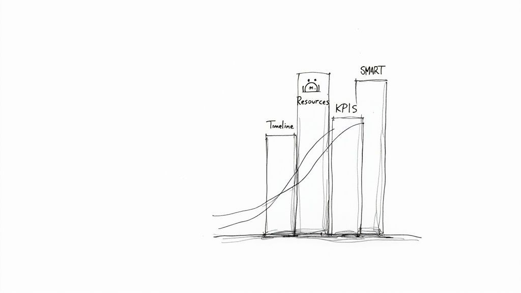 Hand-drawn bar chart illustrating project management elements like Timeline, Resources, KPIs, and SMART goals.