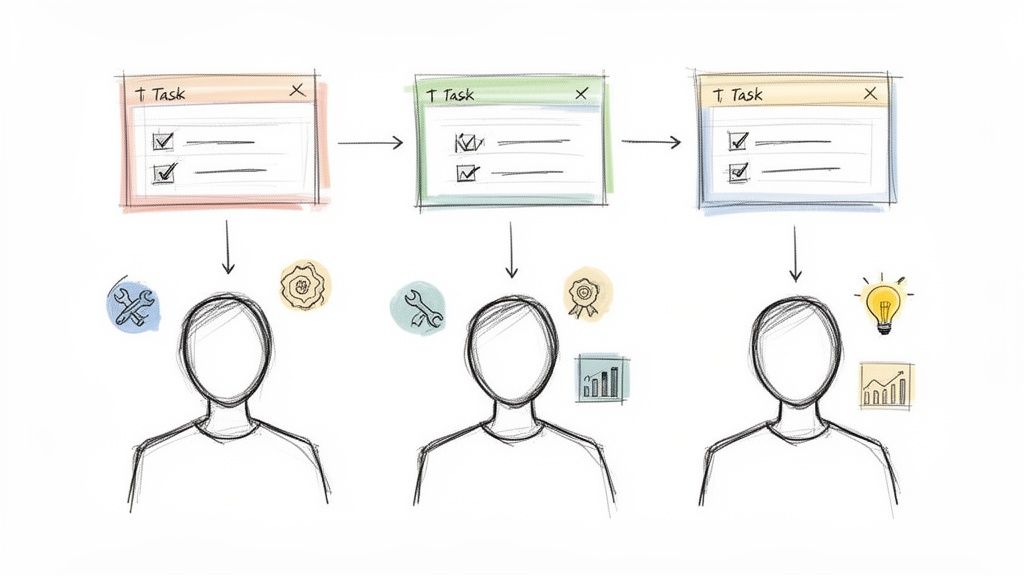 Three individuals receive a task, demonstrating task delegation and varied skills for different outcomes.
