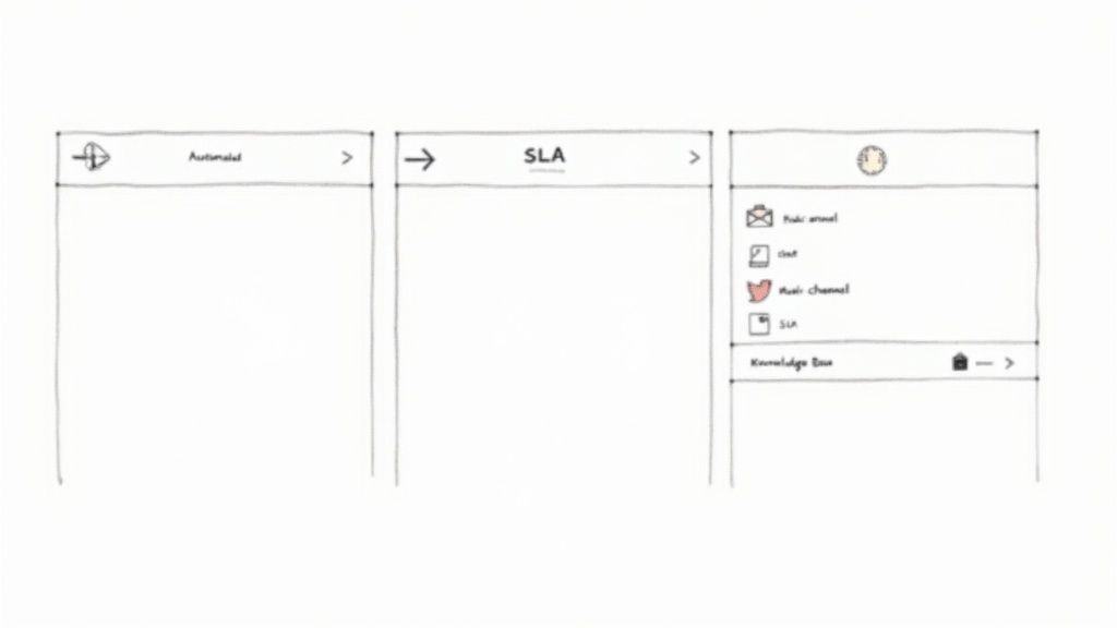 Wireframe sketch showing three UI panels for a customer support ticket system, featuring automated, SLA, and multi-channel options.