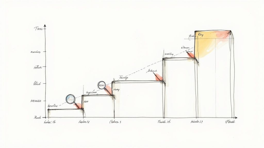 Hand-drawn step chart illustrating an analytical report with increasing values and key labels.