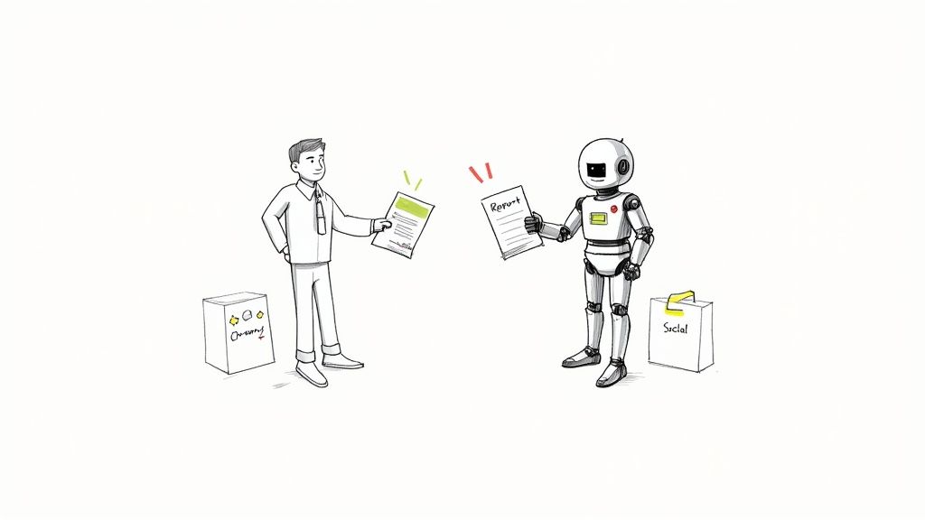 A man and a robot exchange documents, symbolizing human-AI collaboration and task delegation.