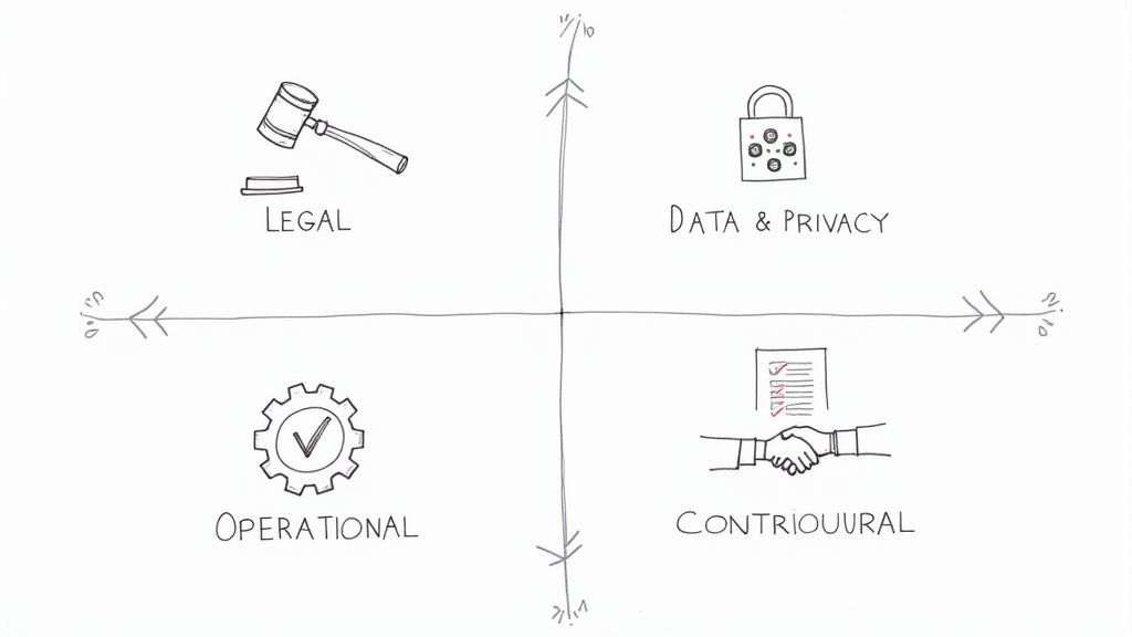 A hand-drawn diagram illustrating four key business compliance areas: legal, data, operational, and contractual.