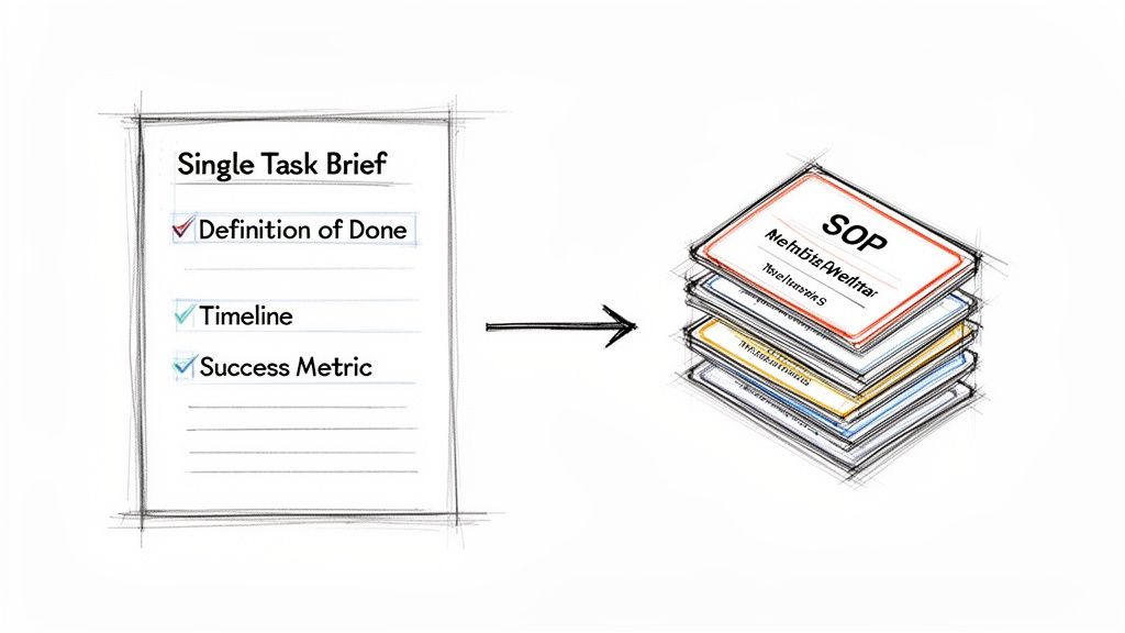 A single task brief outlining definition of done, timeline, and success metrics, leading to a stack of SOP documents.
