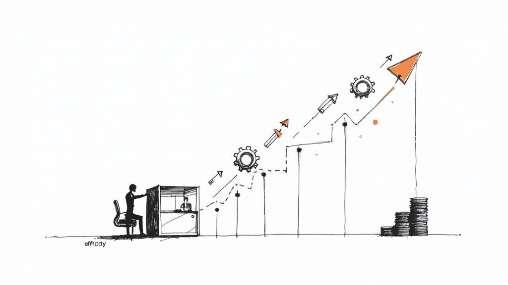 A person working, linked to an upward efficiency graph with gears, arrows, and growing money stacks.