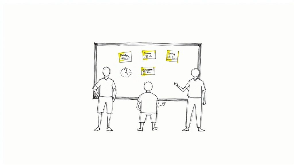 Three stick figures are actively discussing ideas, gathered around a whiteboard with yellow sticky notes and a clock.