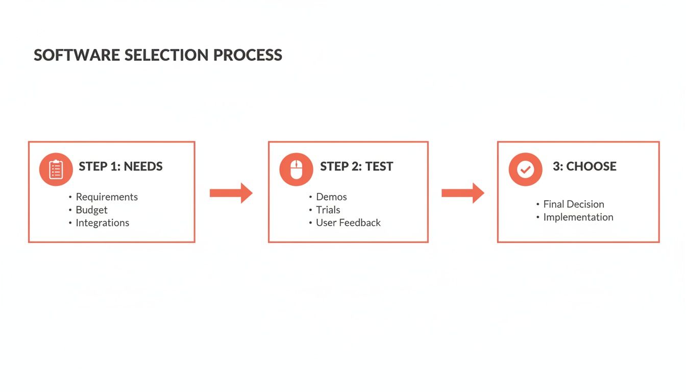 Visual guide to the software selection process covering needs, testing, and final choice.