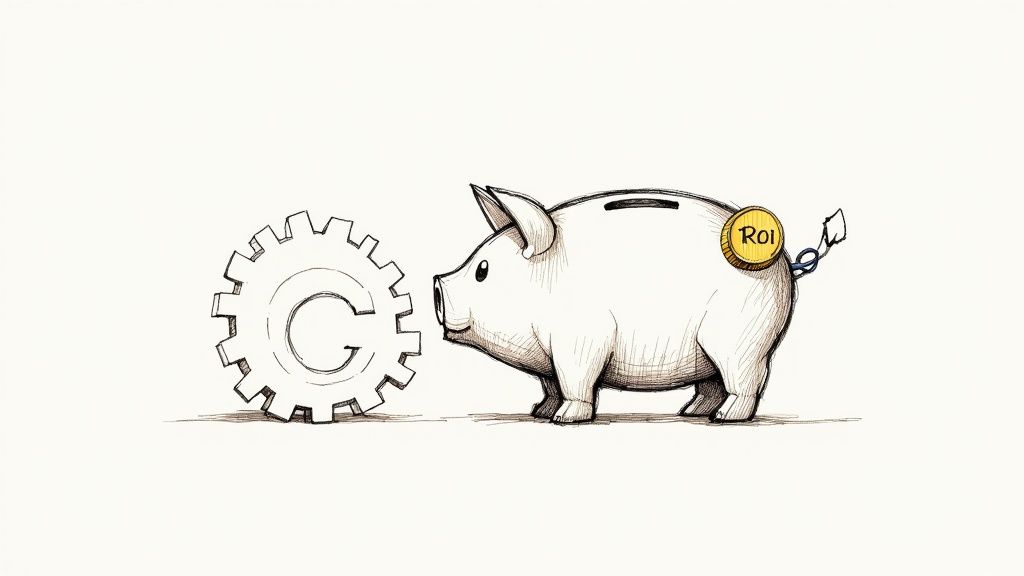 A detailed sketch showing a gear facing a piggy bank with an ROI coin on its tail.