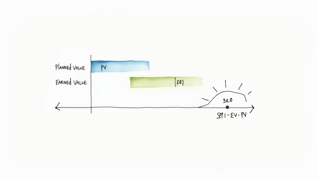 Hand-drawn diagram illustrating Planned Value (PV), Earned Value (EV), and Schedule Performance Index (SPI) in project tracking.