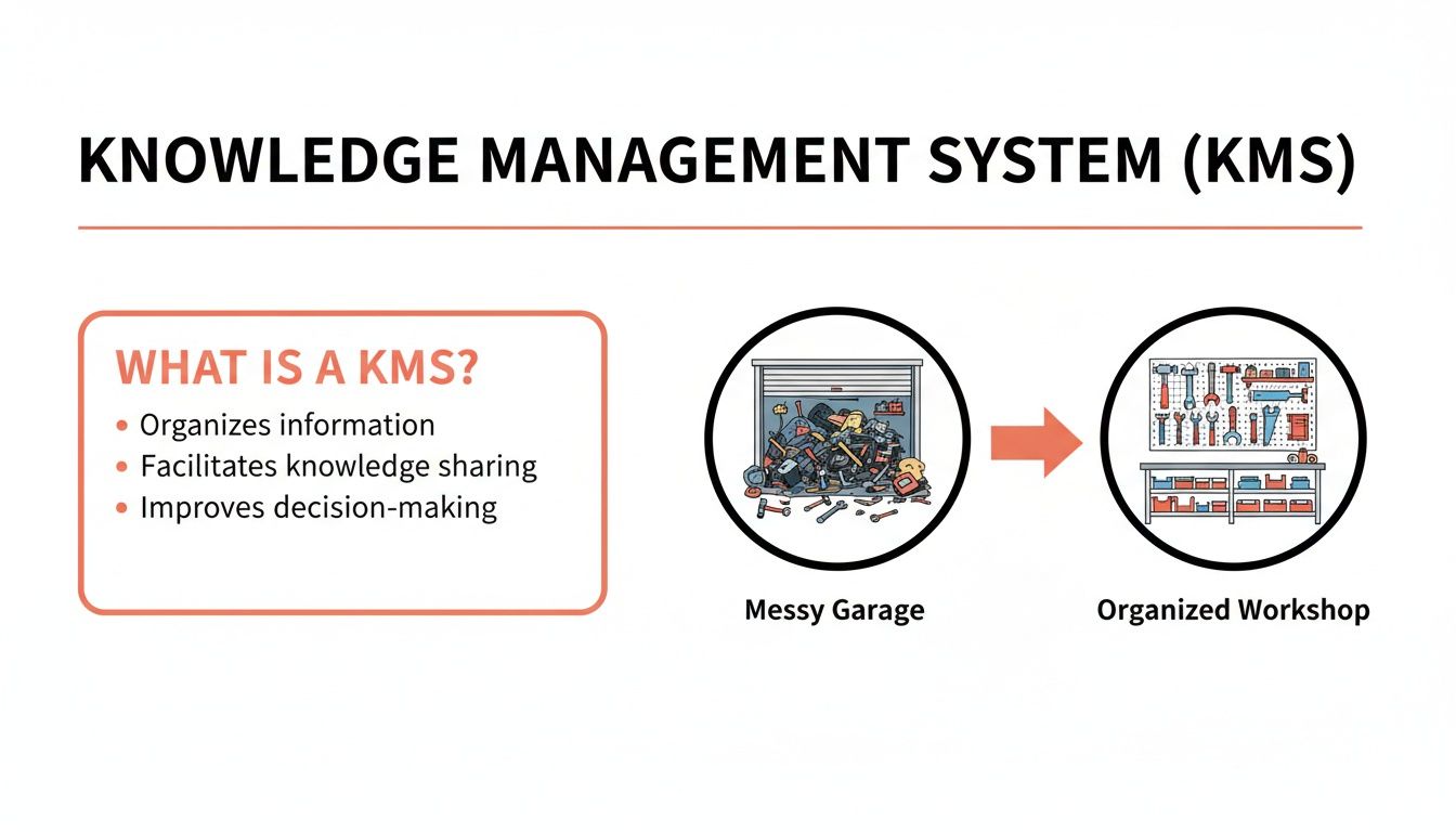 Illustration explaining Knowledge Management System (KMS) by transforming a messy garage into an organized workshop, highlighting information organization and sharing.