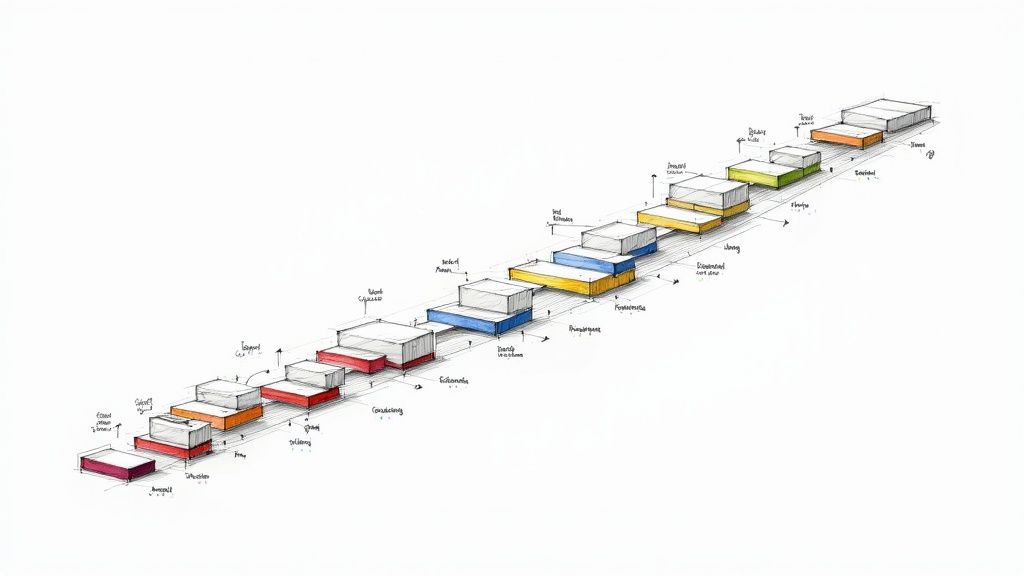 Architectural diagram showing stacked layers of project phases in colorful isometric perspective illustration