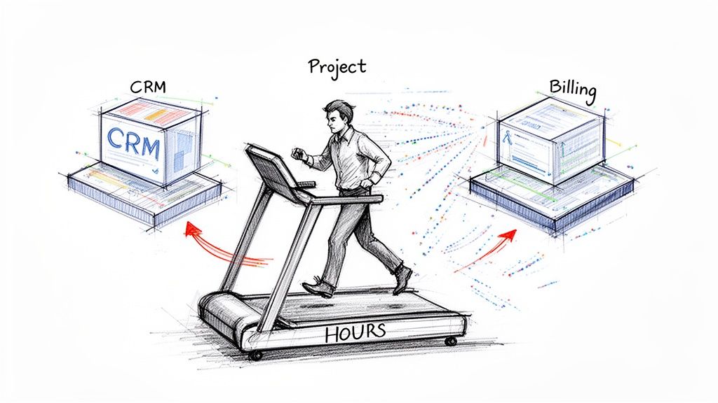 Illustration of a man on a treadmill with 'HOURS' powering 'CRM' and 'Billing' systems for projects.
