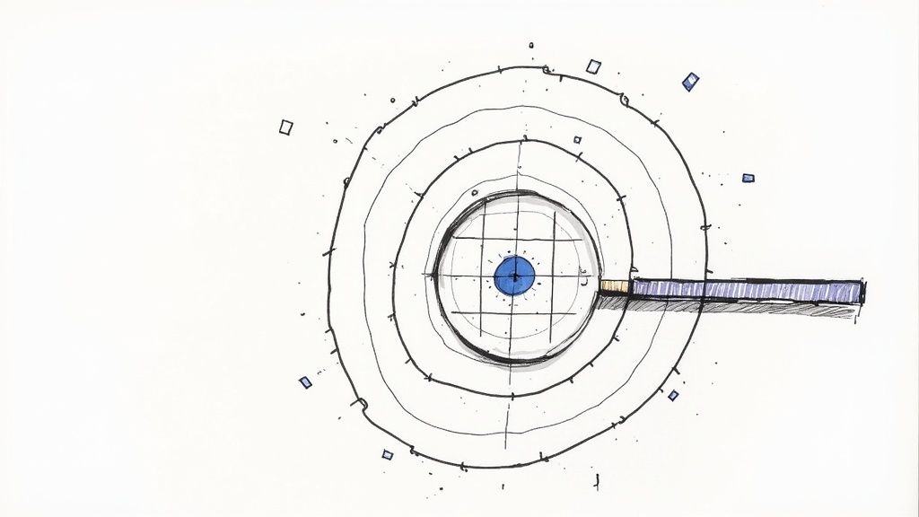 An abstract architectural diagram showing concentric circles, a central grid, a blue dot, and a rectangular extension.