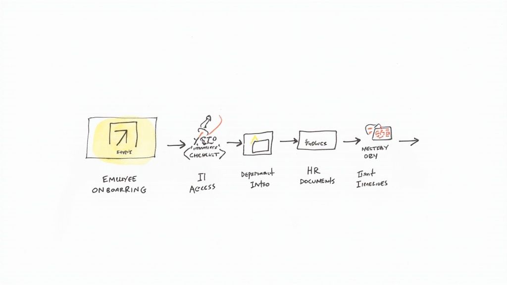 Employee onboarding workflow diagram showing steps from IT access to department info and HR documents