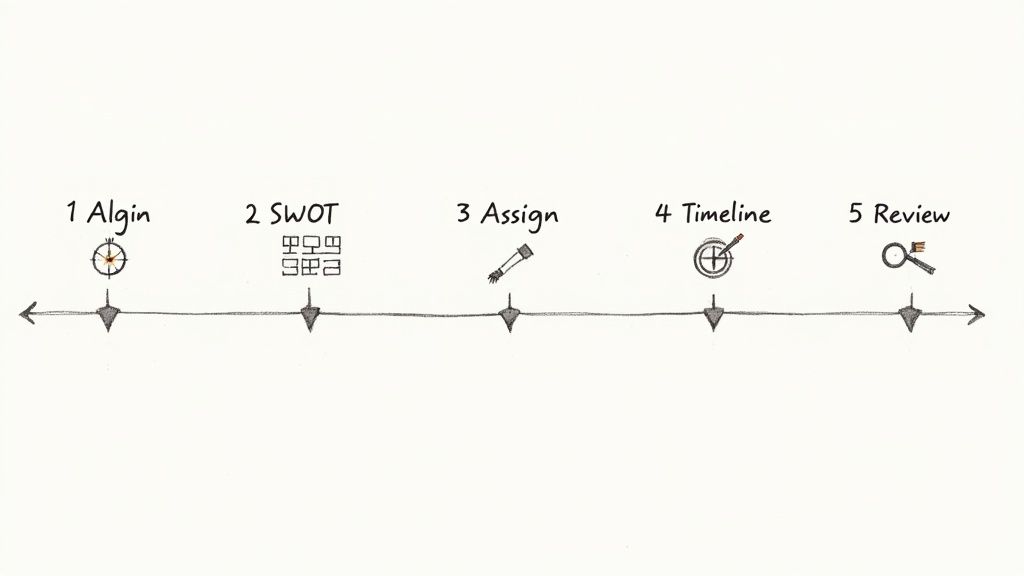 Diagram illustrating a 5-step operational planning process: Align, SWOT, Assign, Timeline, Review, with icons.