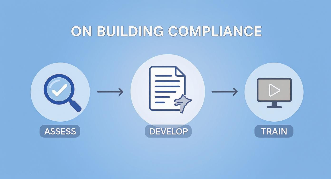 Infographic showing a three-step process for building compliance: Assess, Develop, and Train.