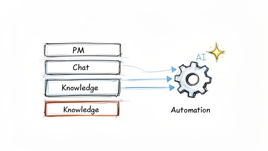 A diagram illustrating data from PM, Chat, and Knowledge sources feeding into an AI-enhanced automation process.