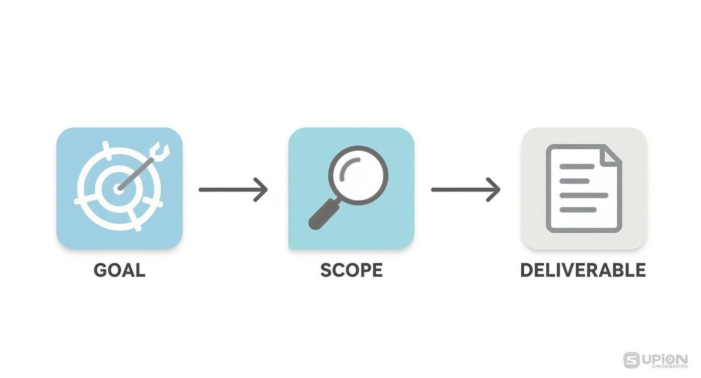 A three-step project implementation process: defining the goal, determining the scope, and creating a deliverable.