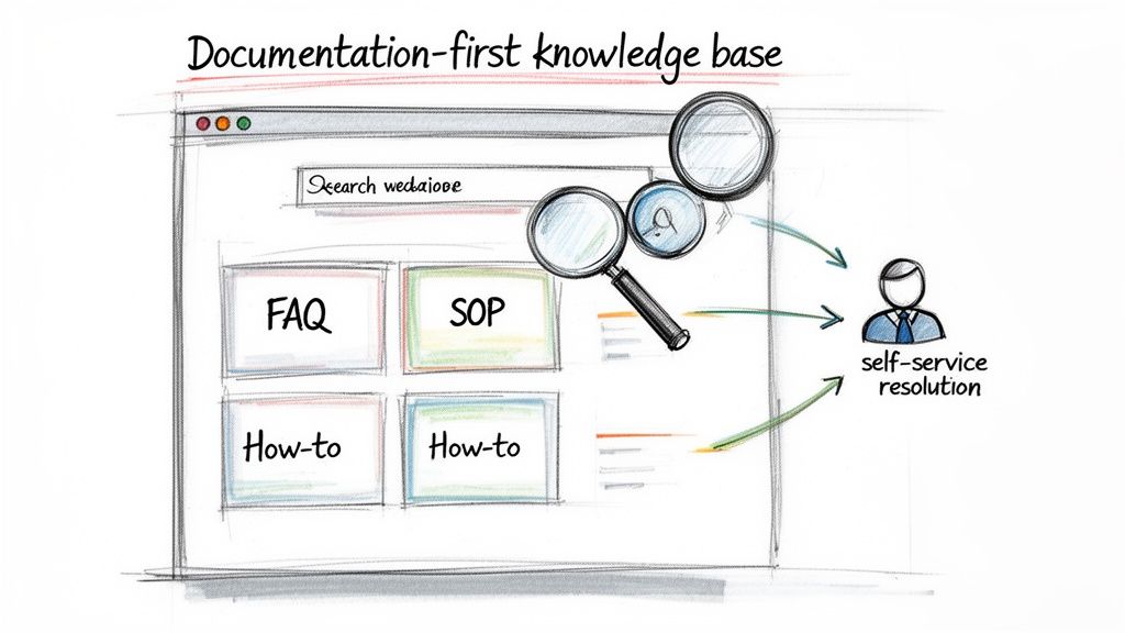 Diagram showing a documentation-first knowledge base, enabling self-service resolution through search, FAQs, SOPs, and how-to guides.