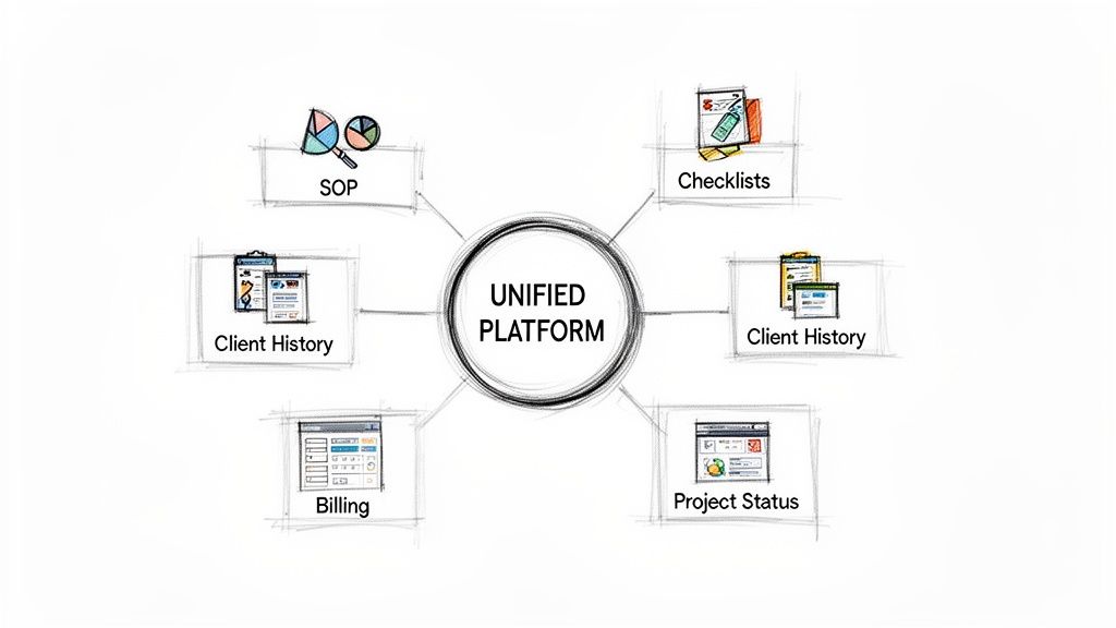A diagram illustrates a unified platform integrating standard operating procedures, checklists, client history, billing, and project status.