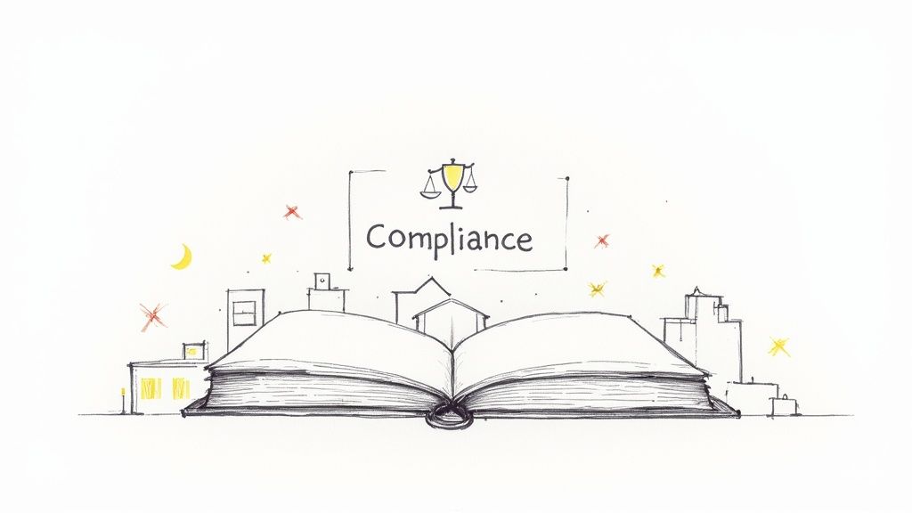 A sketch illustrating 'Compliance' with a legal scale icon above an open book and city buildings.