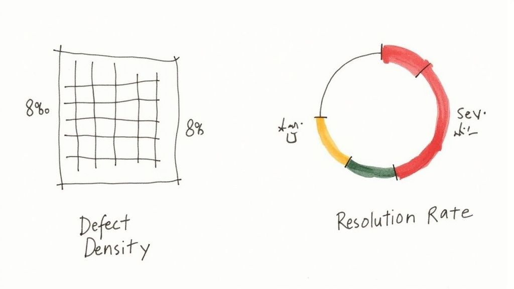 Hand-drawn sketches illustrating software project tracking metrics: defect density grid and resolution rate chart.